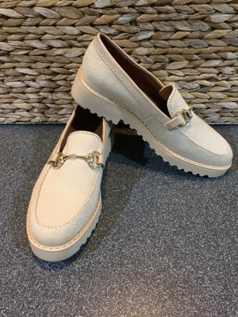 Franco Sarto Beige Canvas Horsebit Loafers